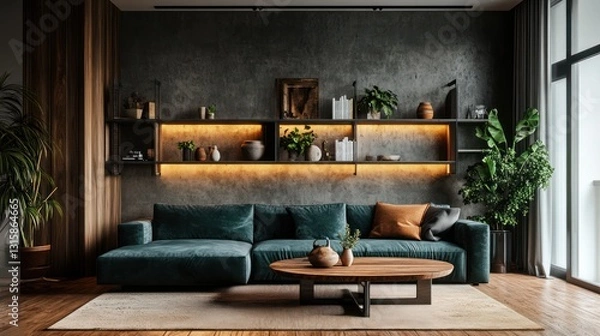 Fototapeta Modern living room interior design, cozy and stylish