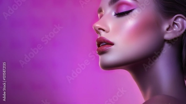 Obraz Beautiful model with bright pink lips showing a captivating headshot under dramatic side light against an abstract gradient background