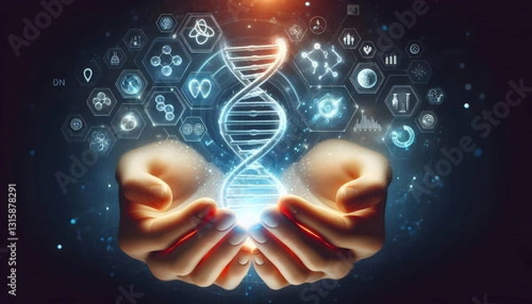 Fototapeta DNA A realistic 3D render of two hands gently holding a glowing, floating DNA helix, with futuristic ico3.jpg