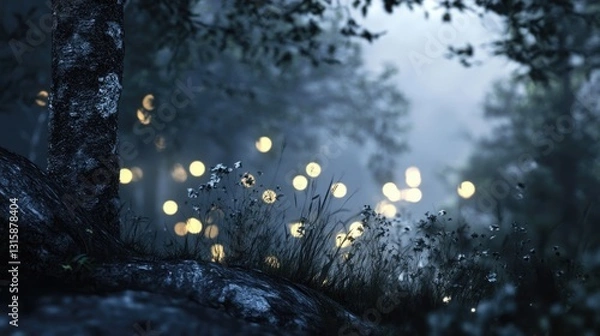 Fototapeta Mysterious forest with glowing lights creating a peaceful scene