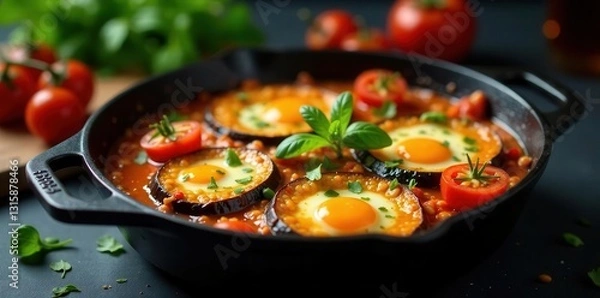 Fototapeta Savory Egg and Eggplant Dish in a Cast Iron Skillet with a Rich Tomato-Based Sauce and Fresh Herbs