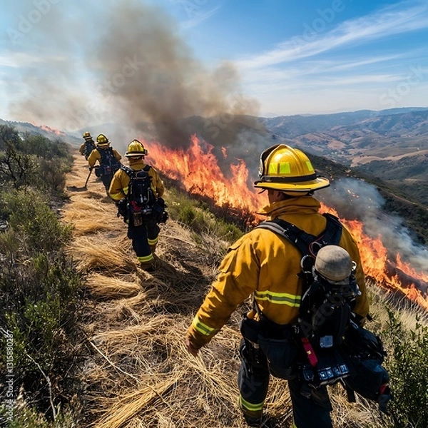Obraz Firefighters combat wildfire in california aerial view natural disaster preparedness mountainous terrain