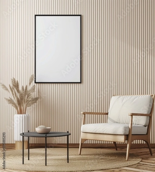 Fototapeta A cozy living room with a white armchair. a round coffee table. a vase with pampas grass. and a blank frame on a ribbed wall