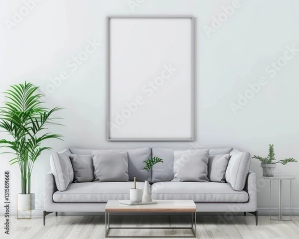Obraz Blank picture frame mockup in a minimalist living room with a gray couch. coffee table. potted plants. and white walls