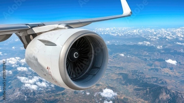 Fototapeta Airplane Wing and Engine with Cloudy Sky View During Flight Over Scenic Landscape