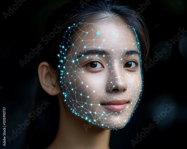 Fototapeta Woman's face scanned, digital network overlay