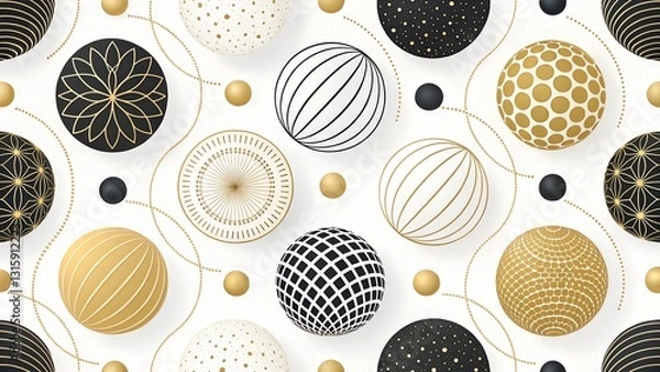 Fototapeta Modern abstract  seamless pattern with black, white, and gold spheres on white background, creating a stylish and elegant design. Perfect for various creative projects
