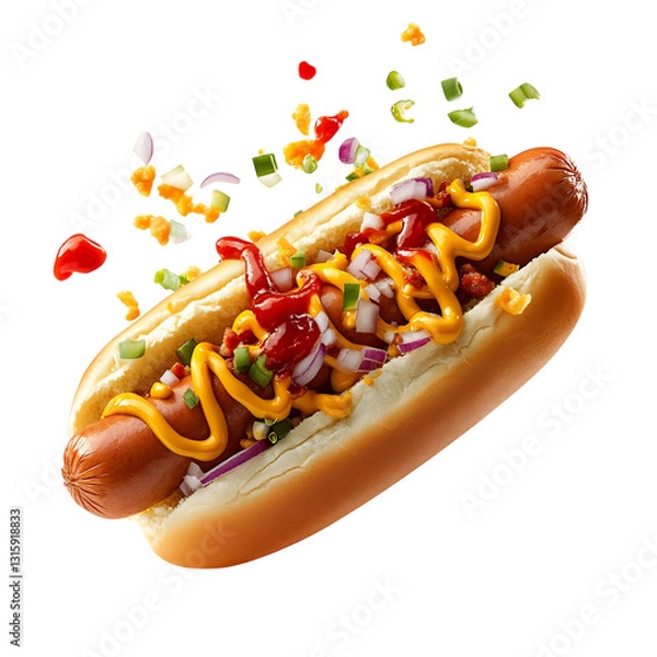 Fototapeta A Cheesy Hot Dog with Mustard Ketchup and Onions Isolated on Transparent Background