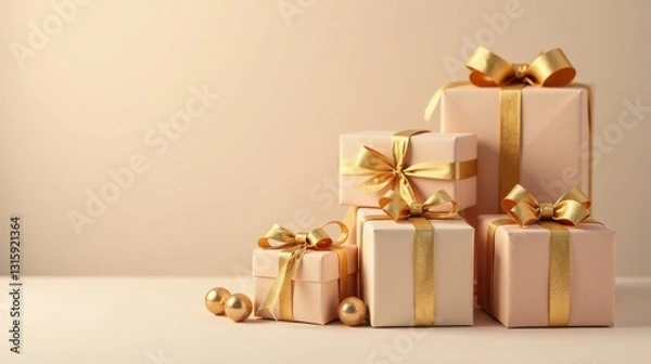 Fototapeta A collection of elegantly wrapped gifts with golden bows, arranged in a visually appealing pyramid shape, sits on a neutral background, adorned with decorative gold spheres.