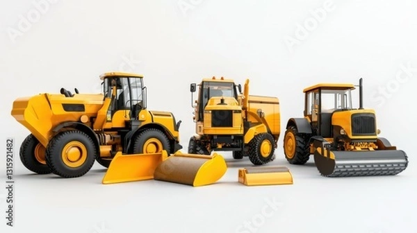 Obraz A single, ultra-detailed road construction machinery set with pavers, rollers, and asphalt cutters, on a pure white background, highlighting their rugged design with professional studio lighting