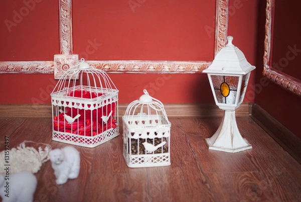 Obraz Christmas decoration with white bear, cage and lamp