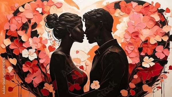 Fototapeta "Modern Love-Themed Design: Abstract Silhouettes of Two Faces with Heart Motifs and Floral Elements on a Vibrant Red Background – Perfect for Valentine's Day, Posters, and Cards."
