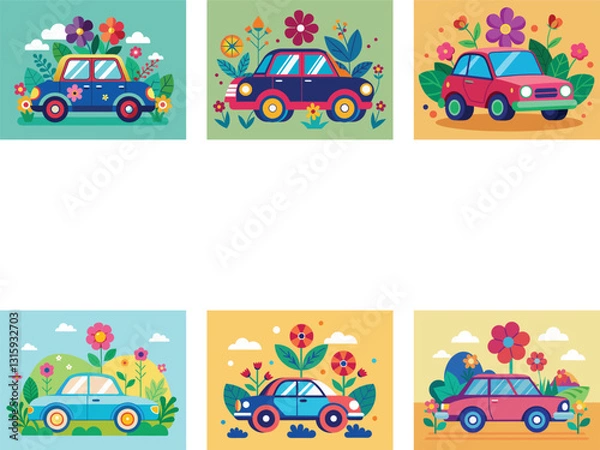 Obraz Set of vector cartoon car illustration with flower
