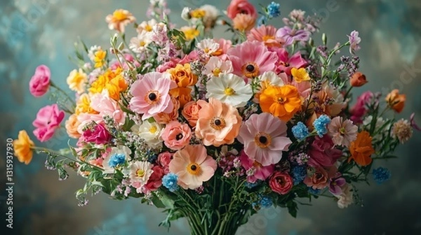 Fototapeta Vibrant and Colorful Flower Bouquet with a Variety of Blooming Blossoms in Soft Focus Background