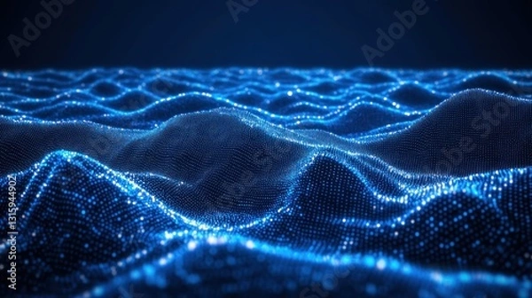 Fototapeta Abstract Blue Digital Landscape: A mesmerizing digital art piece showcasing a wavy terrain composed of countless glowing particles, evoking a sense of depth and serenity.