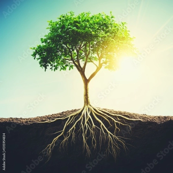 Fototapeta A serene view of a vibrant green tree showcasing its strong roots, symbolizing growth and resilience in nature. Perfect for projects focused on sustainability.