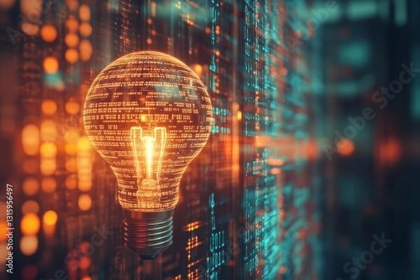 Fototapeta A glowing light bulb represents innovation and creativity, set against a vibrant data stream backdrop. The image combines warmth with high-tech aesthetics.
