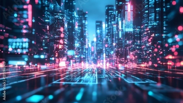 Fototapeta Vibrant Futuristic Cityscape with Neon Lights and Digital Elements