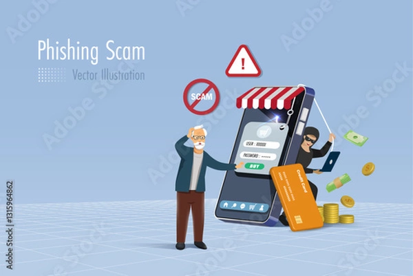 Fototapeta Hacker online phishing password, credit card information from online shopping elderly customer on fake web template. Cyber crime attack on senior against digital security system technology. 3D vector.