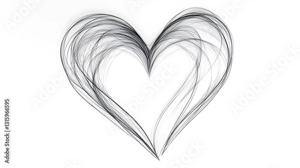 Fototapeta Abstract grayscale heart shape formed by thin, interwoven lines on white background. (1)