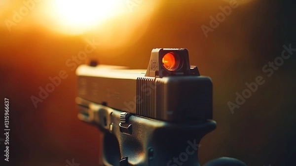 Obraz Close-up of handgun with red dot sight at sunset.