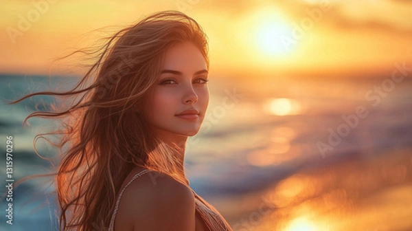 Obraz Blond woman in bikini enjoying a relaxing summer sunset on the beach with the ocean and sky in the background