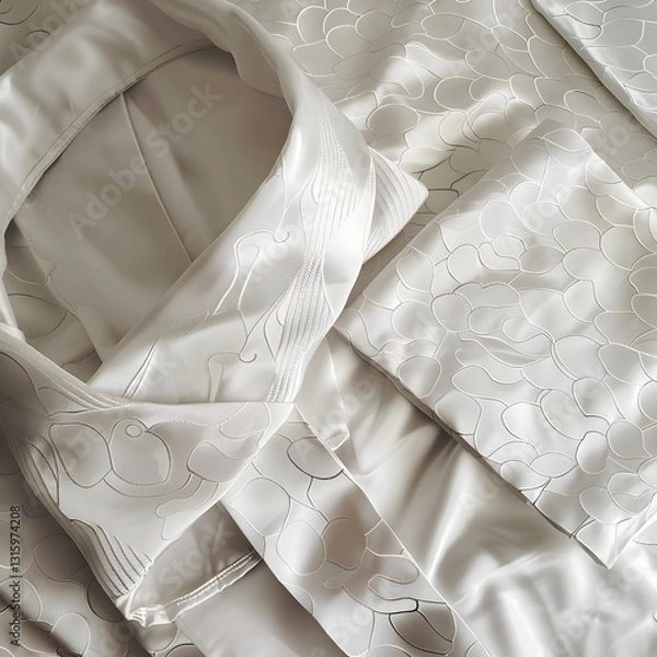 Fototapeta a cream-colored, possibly silk, kimono or similar garment, folded neatly. Intricate, subtle patterns are visible on the fabric.