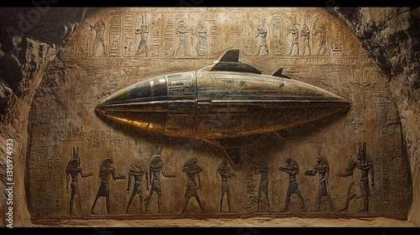 Obraz Ancient Egyptian hieroglyphs depicting an alien spaceship and aliens, carved on the wall of an ancient pyramid in Egypt, photo-realistic.