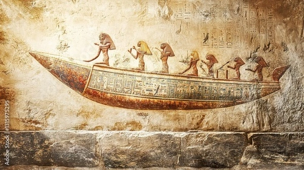 Obraz Ancient Egyptian hieroglyphs depicting an alien spaceship and aliens, carved on the wall of an ancient pyramid in Egypt, photo-realistic.
