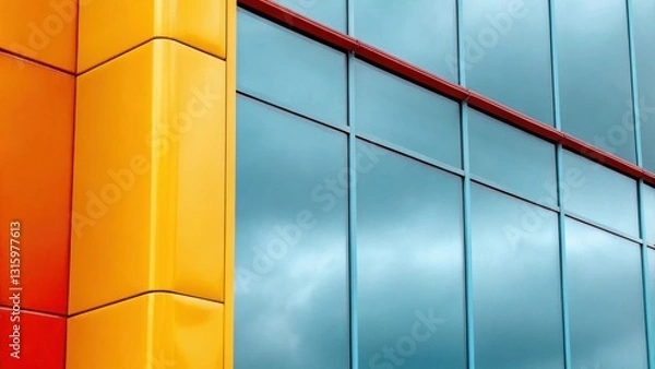 Fototapeta Close-up of a modern building exterior featuring bold orange and yellow panels alongside reflective blue glass windows with red accents.