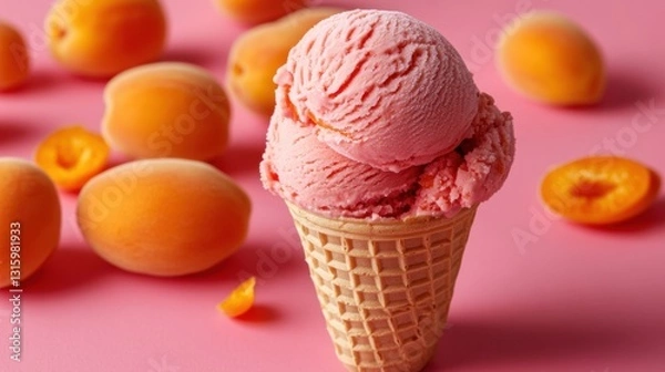 Fototapeta Delightful apricot ice cream cone on pink backdrop capturing summer freshness and fruity flavor in a simple still life photography for food blog