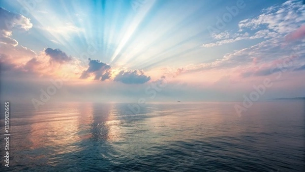 Fototapeta Sunrise Over Ocean serenity glow. Serene sunset over calm water with rays of light breaking through the clouds.