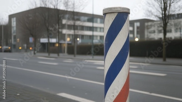 Fototapeta Classic Barber Pole in Urban Setting with Street and Buildings in Background, Foggy Day