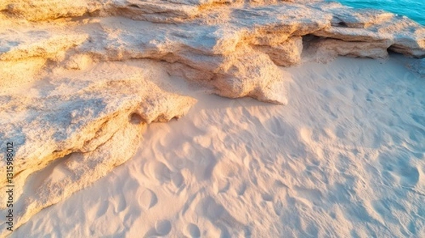 Obraz Sandy beach meets light beige rocks. Golden hour light