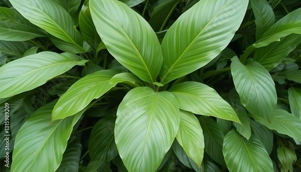 Obraz Lush Green Leaves Creating a Serene Nature Background in a Spring Garden with Tropical Foliage Beauty