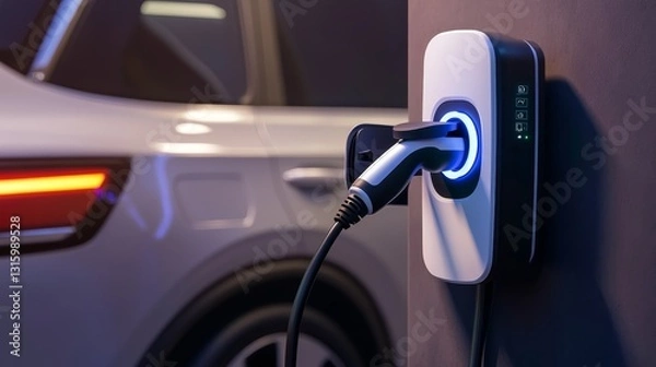 Obraz Electric vehicle charging station with car in background, showcasing modern technology and convenience