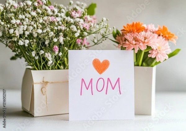 Obraz Flowers and a Mom Card in Vases Celebrating Mother's Day