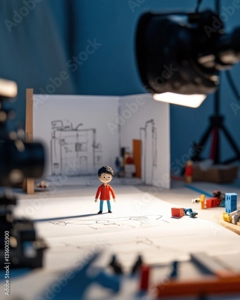 Fototapeta Micro-Narrative Cinema DIY Stop-Motion Animation Workspace - Creative Storytelling Through Miniature Craft and Emerging Digital Production Techniques