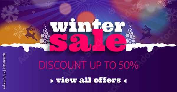 Fototapeta Winter sale social network banner dark blue with snow, color background, snowflakes, tree and discount.