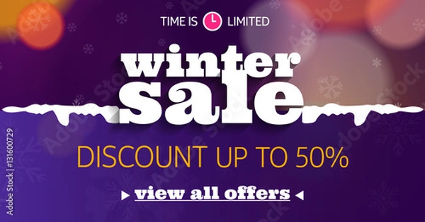 Fototapeta Winter sale social network banner with snow, color background, snowflakes and discount.
