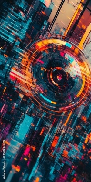 Fototapeta A colorful abstract image of a circle with a city in the background. The colors are bright and vibrant, giving the impression of a futuristic, technological world