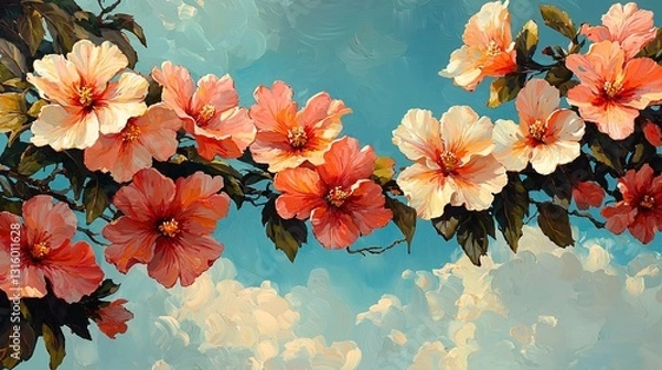 Fototapeta Vibrant Hibiscus Flowers Against a Serene Sky with Soft Clouds and Lush Green Leaves
