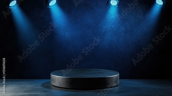 Fototapeta Futuristic Tech Showcase Sleek Titanium Podium with Immersive Blue LED Lighting - Innovative Product Presentation for Digital Branding and Premium Marketing
