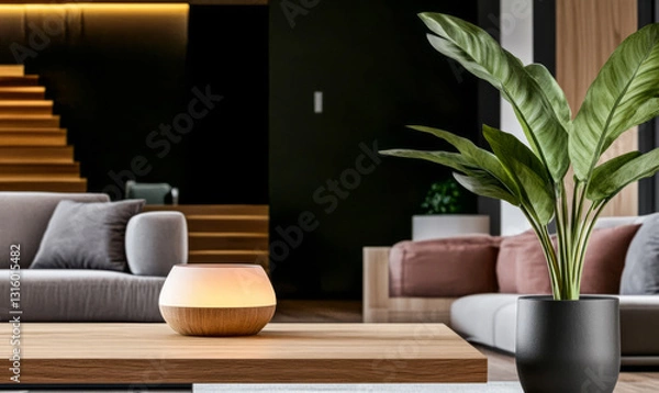 Fototapeta Modern living room setup with plant and ambient lighting in a stylish home interior