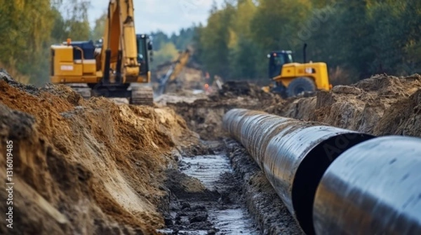 Fototapeta Excavation Site with Heavy Machinery for Pipeline Installation in Nature