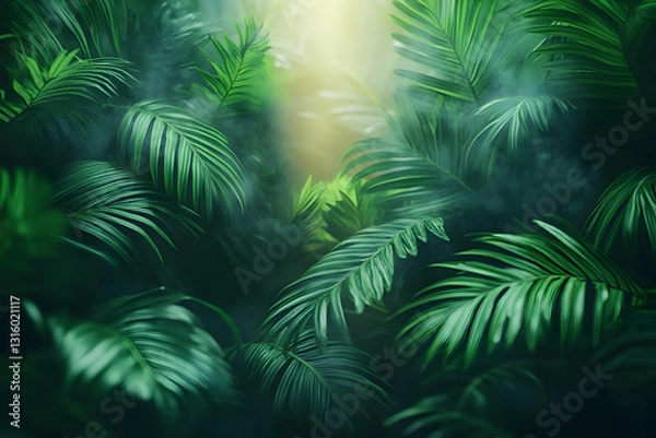 Fototapeta Dark Lush Jungle Background With Sunlight
