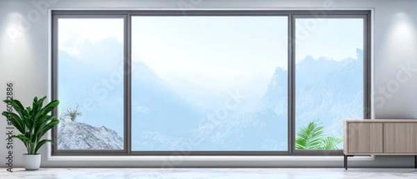 Fototapeta Beautiful mountain view through large modern window in a minimalist interior space
