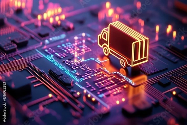 Fototapeta Futuristic digital circuit board with glowing truck icon symbolizing logistics and technology