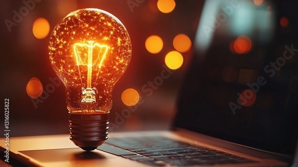 Fototapeta Glowing Light Bulb on Laptop Symbolizing Creativity and Innovation