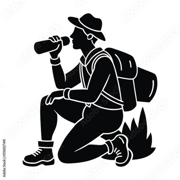 Fototapeta Hiker taking break drinking water silhouette manual drawn clean vector